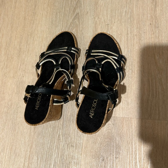 Sandals. Black&Gold Wedge. Size 7.5 Medium. - Picture 2 of 5